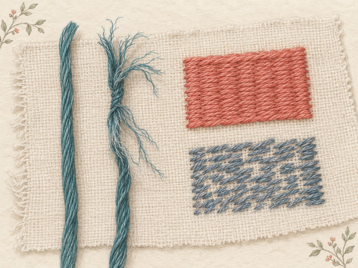 Illustration: Close view of a fraying thread end beside intact smooth thread and two stitched coverage samples, all on spare practice fabric.