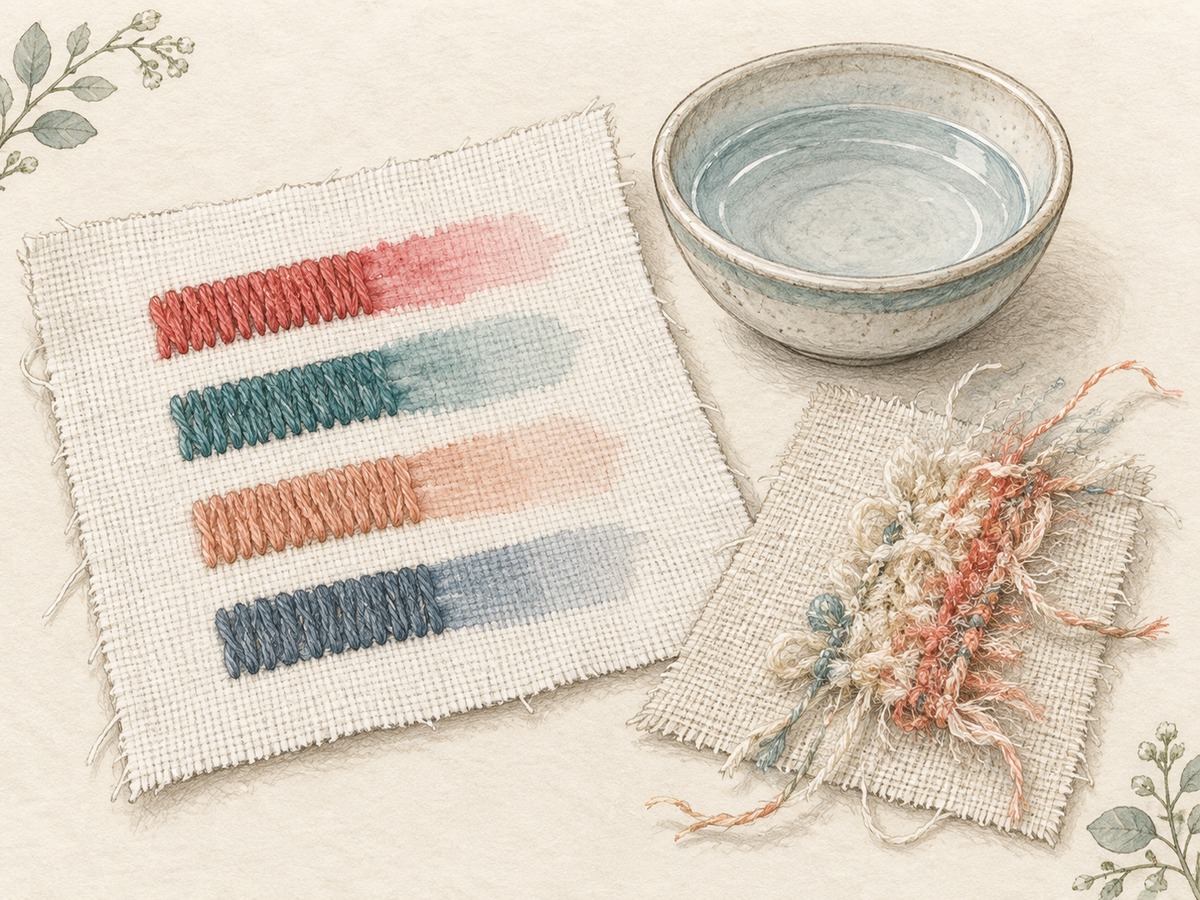 Illustration: A bright thread sample tested on spare white cloth beside a small water dish, with a separate frayed specialty-thread sample for inspection.