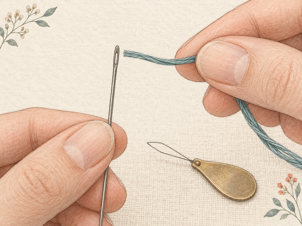 Illustration: Close view of a clean floss end passing through an appropriate needle eye without splitting or crowding, with a tiny needle threader nearby.