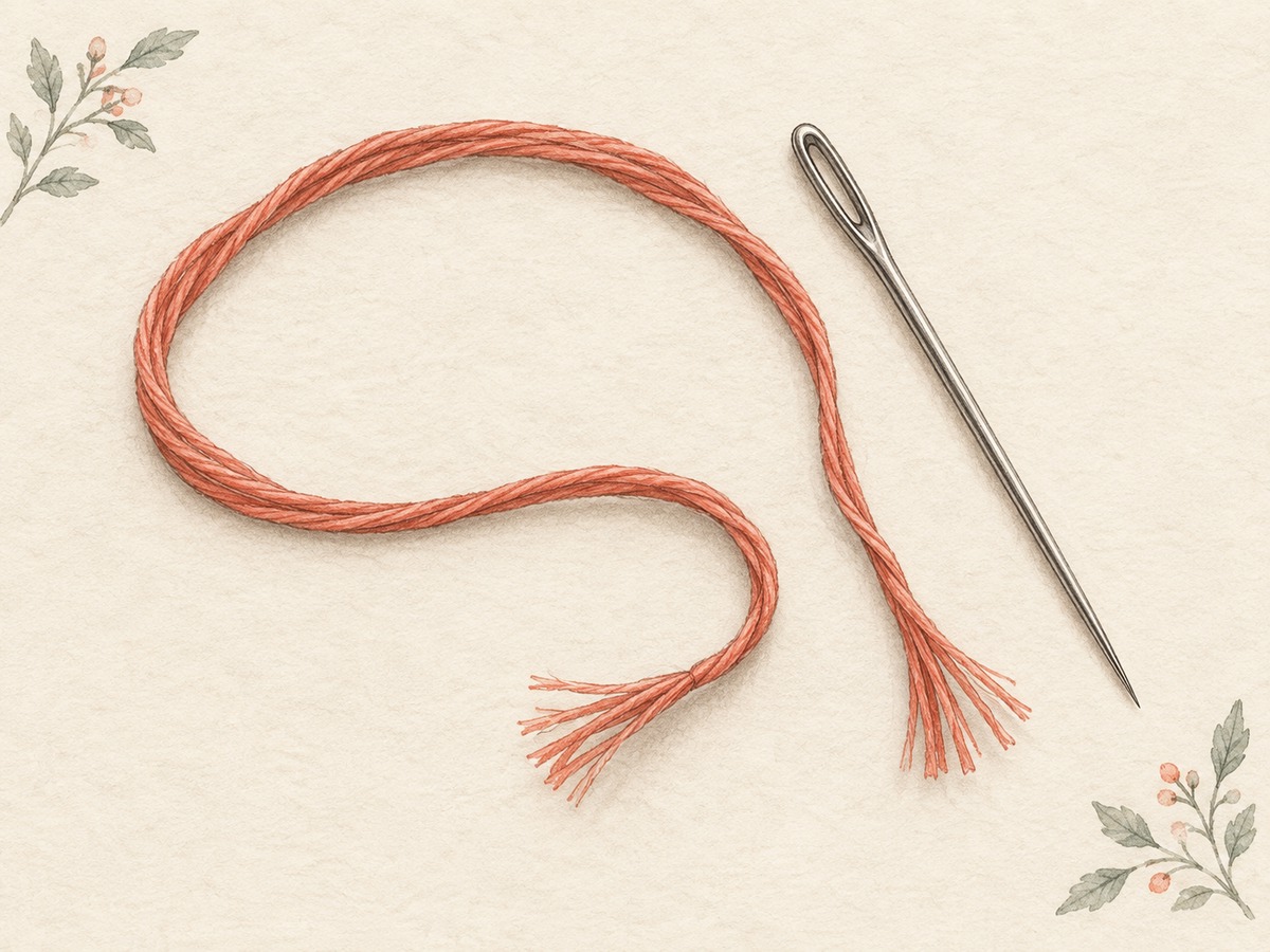Illustration: A short manageable length of embroidery floss forming a loose loop beside a needle with a smooth eye, with frayed ends set apart.