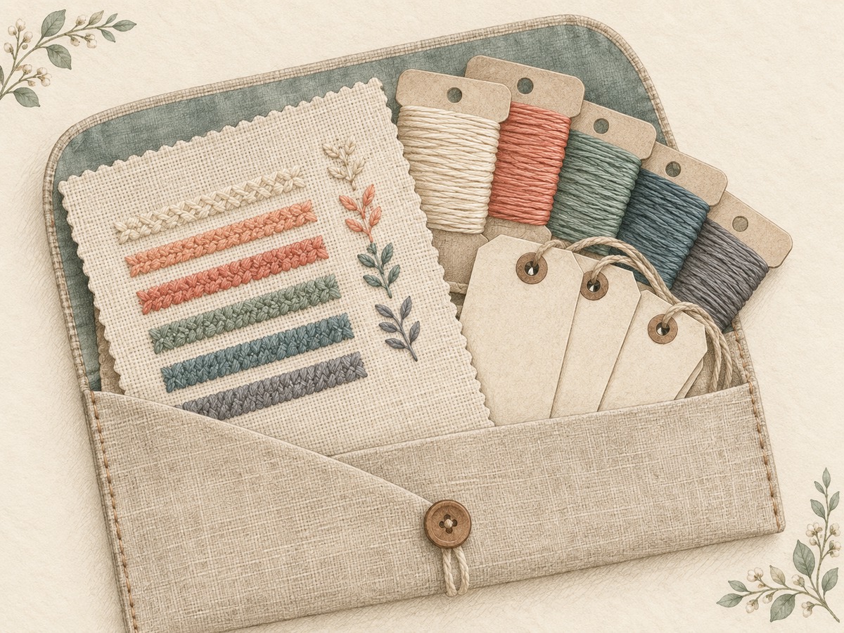 Illustration: A small stitched color sampler beside its matching thread cards and blank batch-record tags, kept neatly in a project envelope.