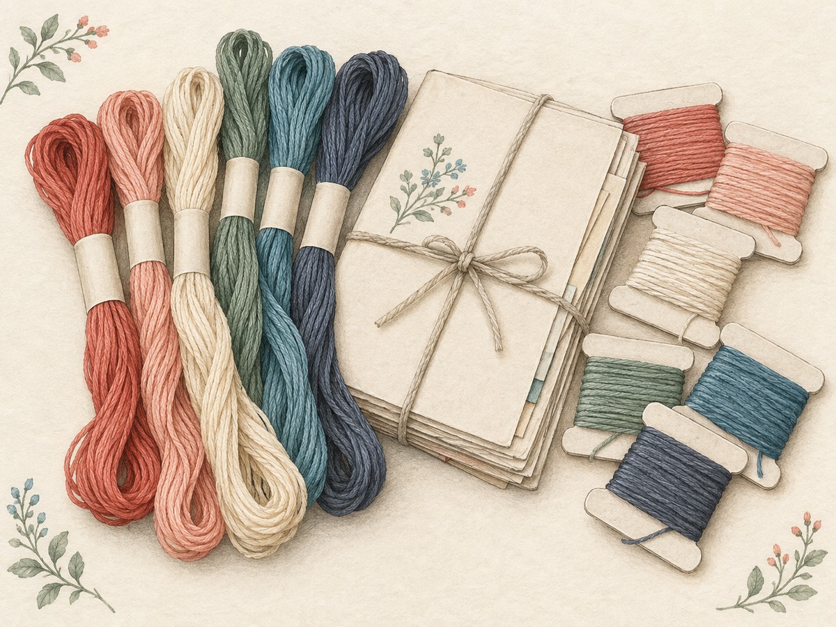 Illustration: Floss skeins and wound thread cards grouped by color, with original plain bands and an unlettered project record secured together.
