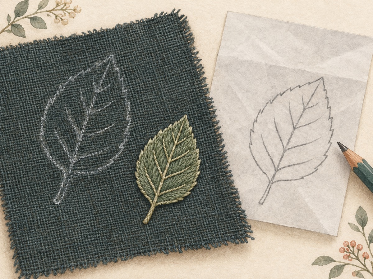 Illustration: Close view of a simple leaf outline visible on dark textured cloth, beside the same outline on transfer paper and a small stitched test leaf.