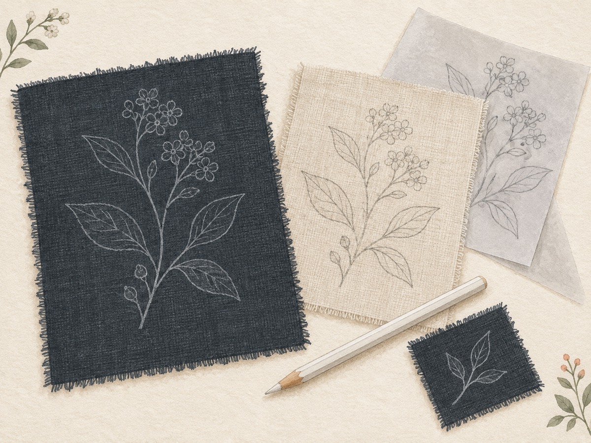 Illustration: A pale botanical line transferred onto dark fabric beside a light-fabric transfer sample, tracing paper, a marking pencil and a small test patch.