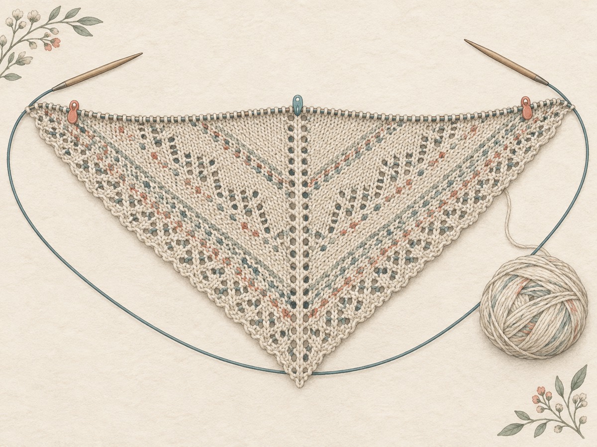 Illustration: A shawl in progress on a long circular needle, with its triangular fabric spread out and markers identifying the center and edge sections.