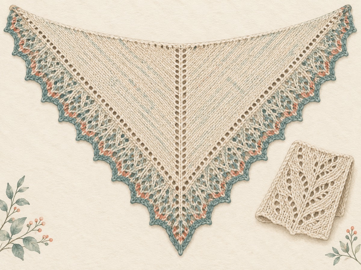 Illustration: A triangular knitted shawl laid flat, with clear central and edge increase lines and a small folded lace sample beside it.