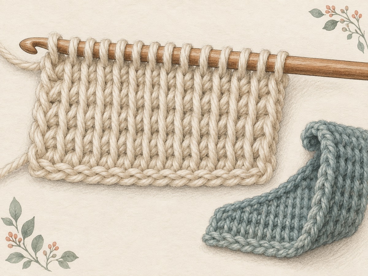Illustration: Close view of the front vertical bars of Tunisian crochet and loops collected on a long hook, with a second small swatch showing a curling edge.