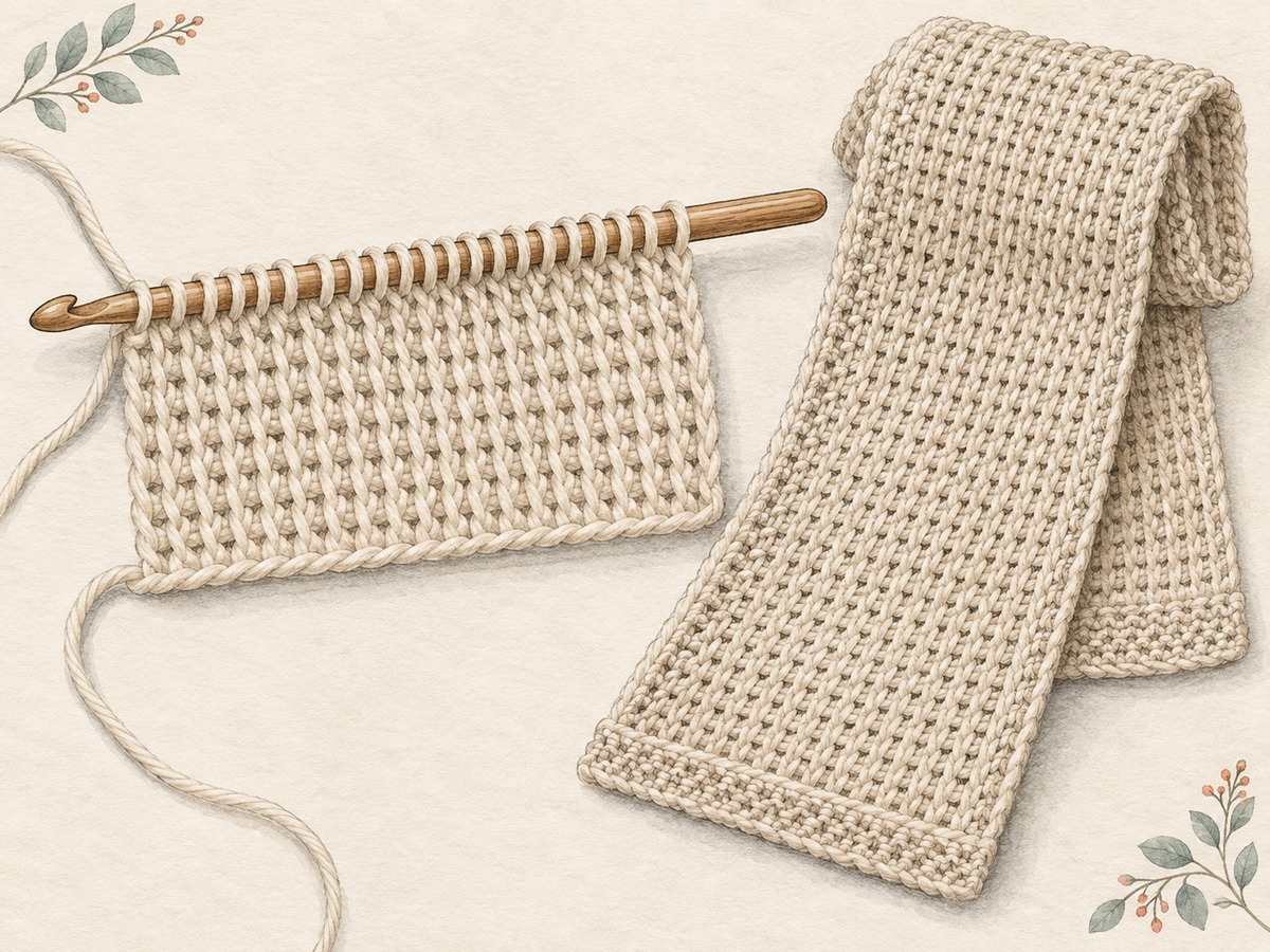 Illustration: A Tunisian crochet panel with many live loops across a long hook, beside a finished scarf sample with a deliberately stabilized edge.