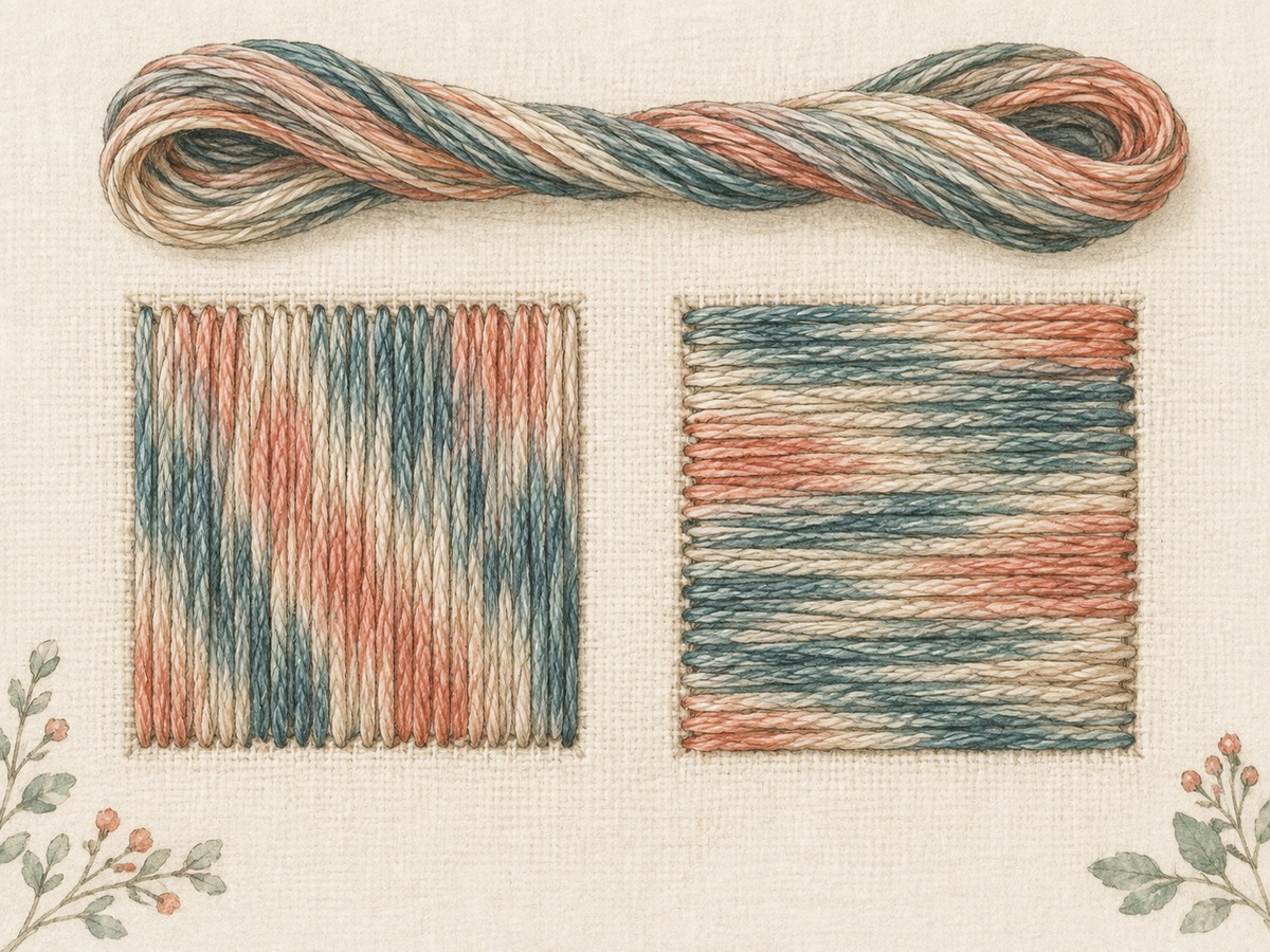 Illustration: Two small embroidery fills worked with the same variegated thread but different stitch directions, producing distinct color placement.
