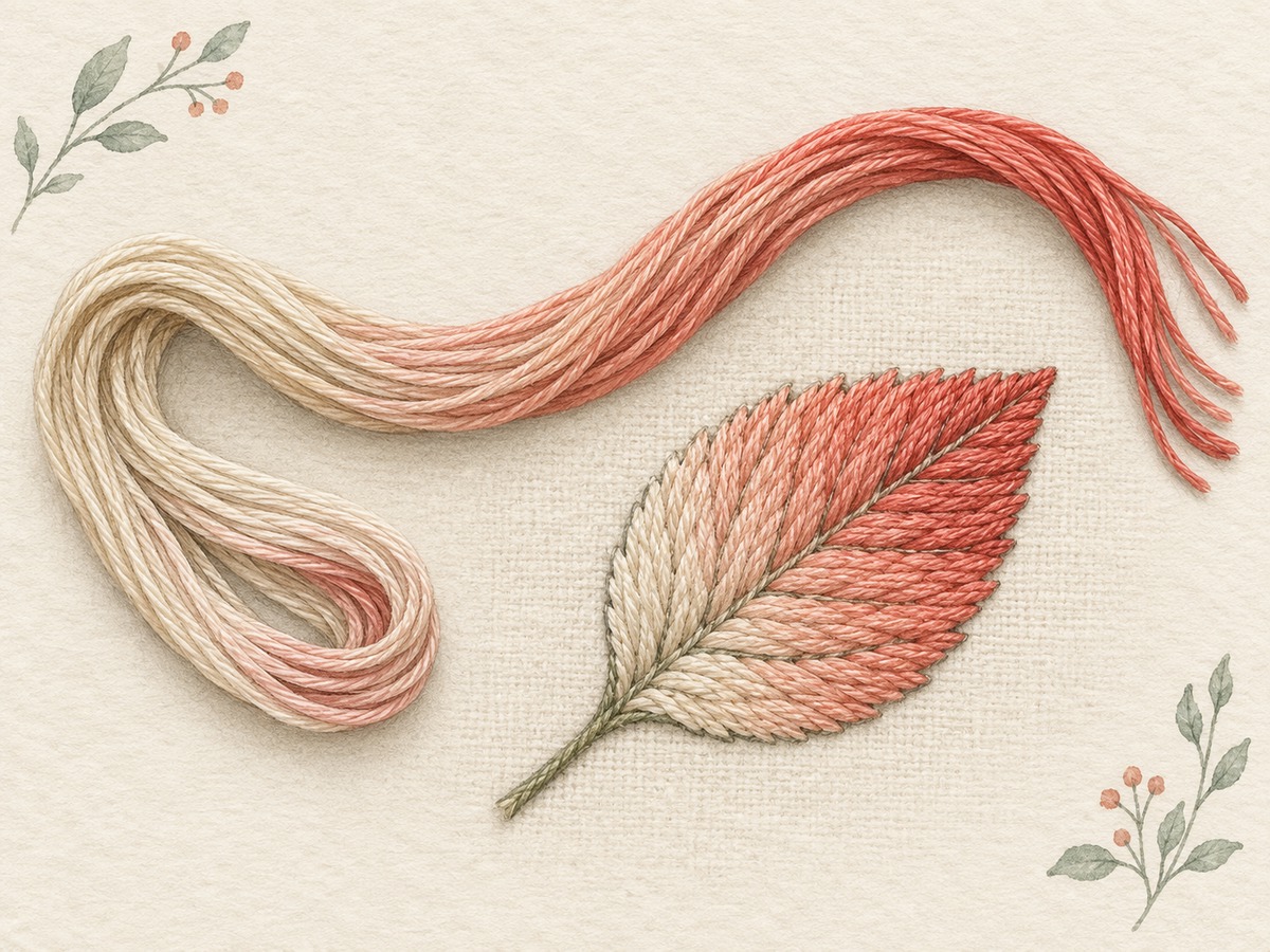 Illustration: A variegated floss strand changing from cream to coral and a stitched leaf showing the resulting gradual color changes.