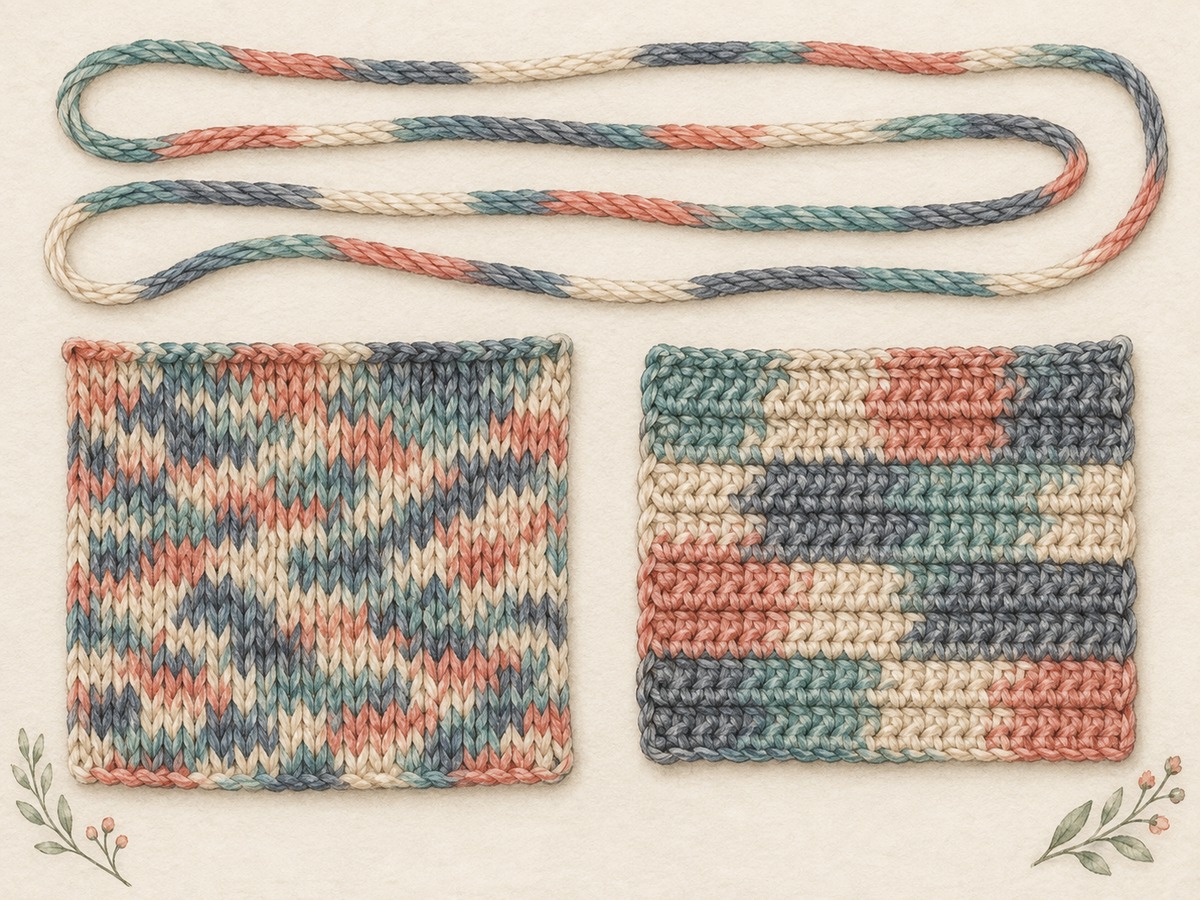 Illustration: Close comparison of repeated color lengths in a strand of variegated yarn and the different color patches formed in two sample fabrics.