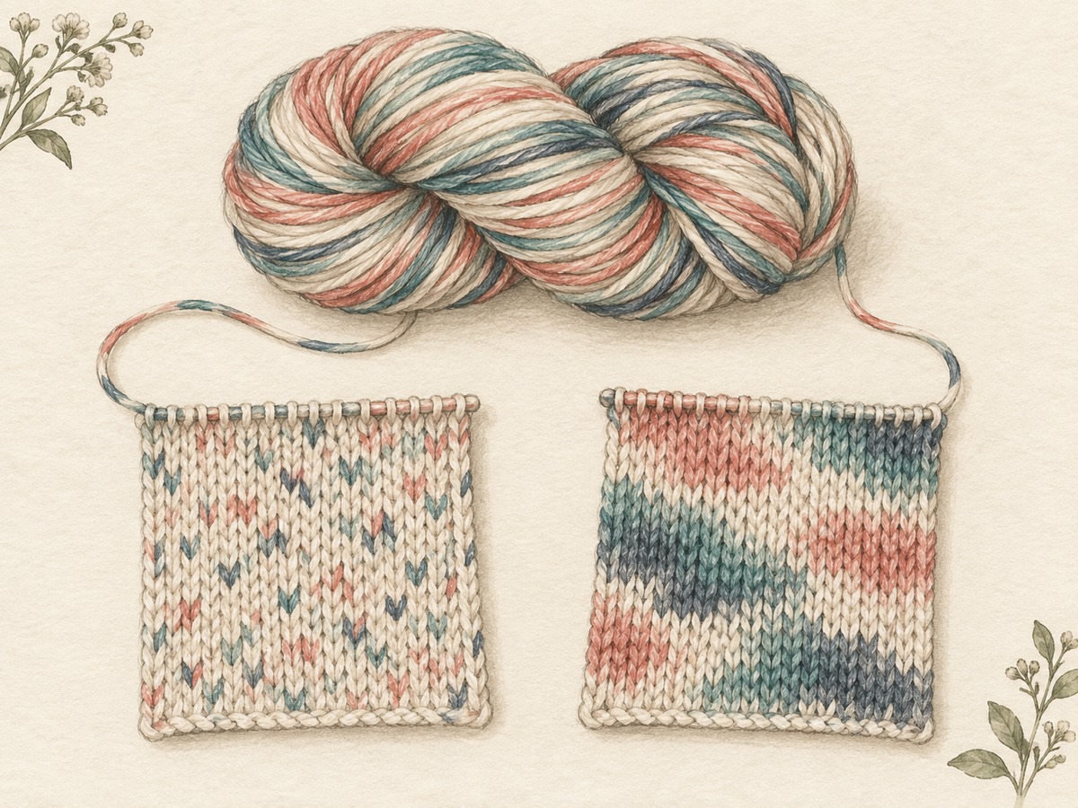 Illustration: A multicolored yarn skein feeding two small samples, one with scattered color flecks and one with broad pooled patches.
