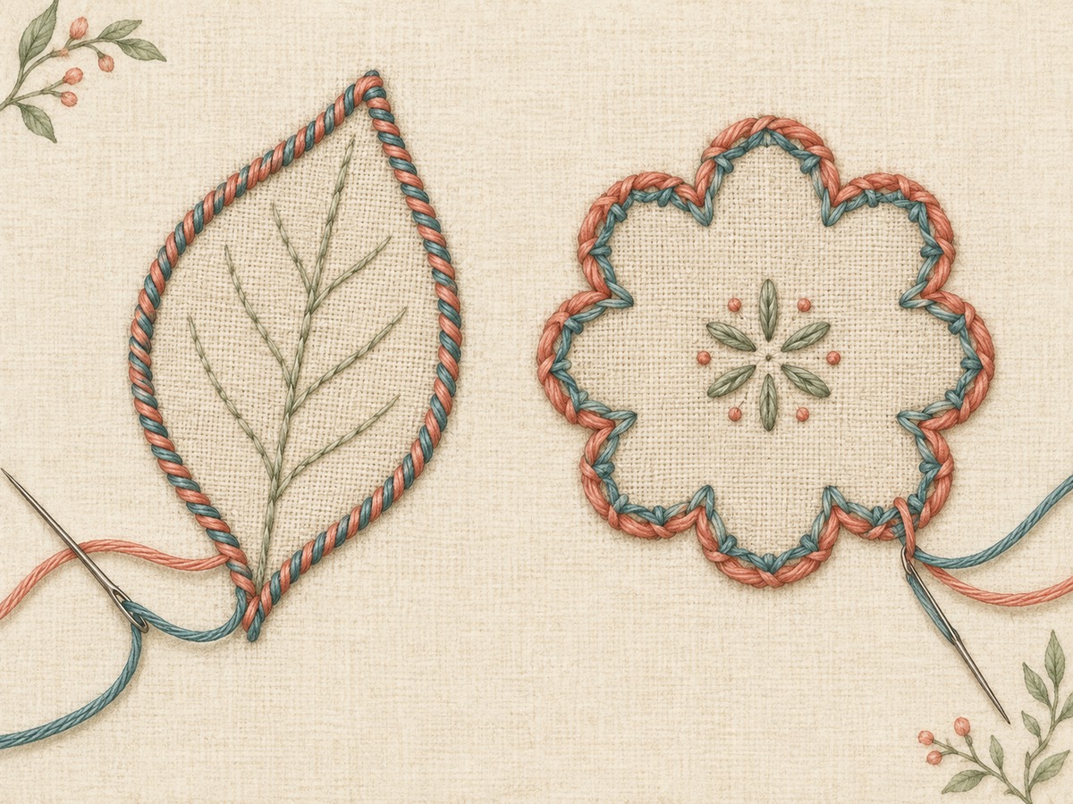 Illustration: Close comparison of a smooth whipped outline and a gently scalloped laced outline, using two thread colors to reveal their different paths.