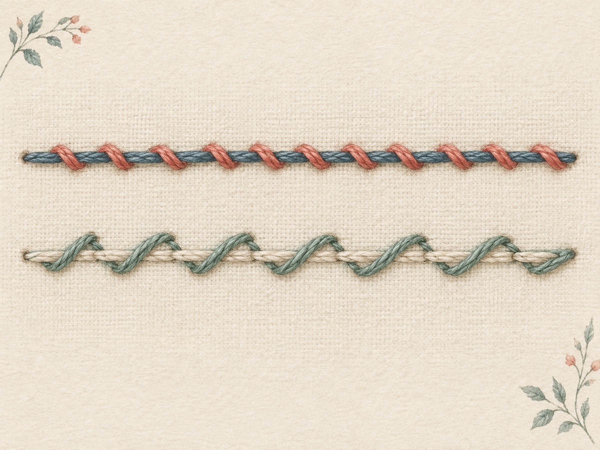 Illustration: A line of simple backstitch transformed by a contrasting thread whipped around each stitch, beside a loosely laced outline.
