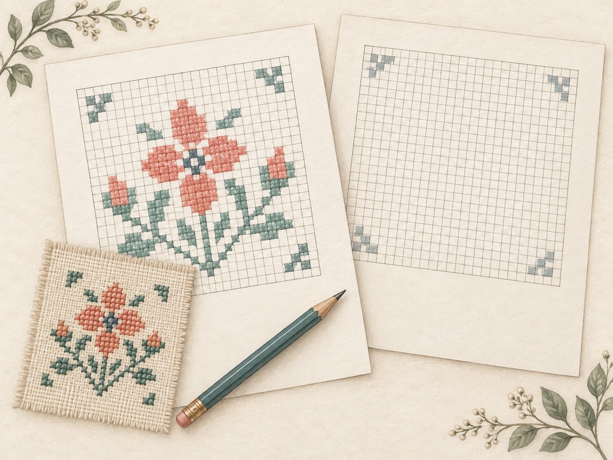 Illustration: A paper working reference with a clear unlettered colored stitch grid, a matching small stitched motif and a pencil; a second blank copy lies beside it.