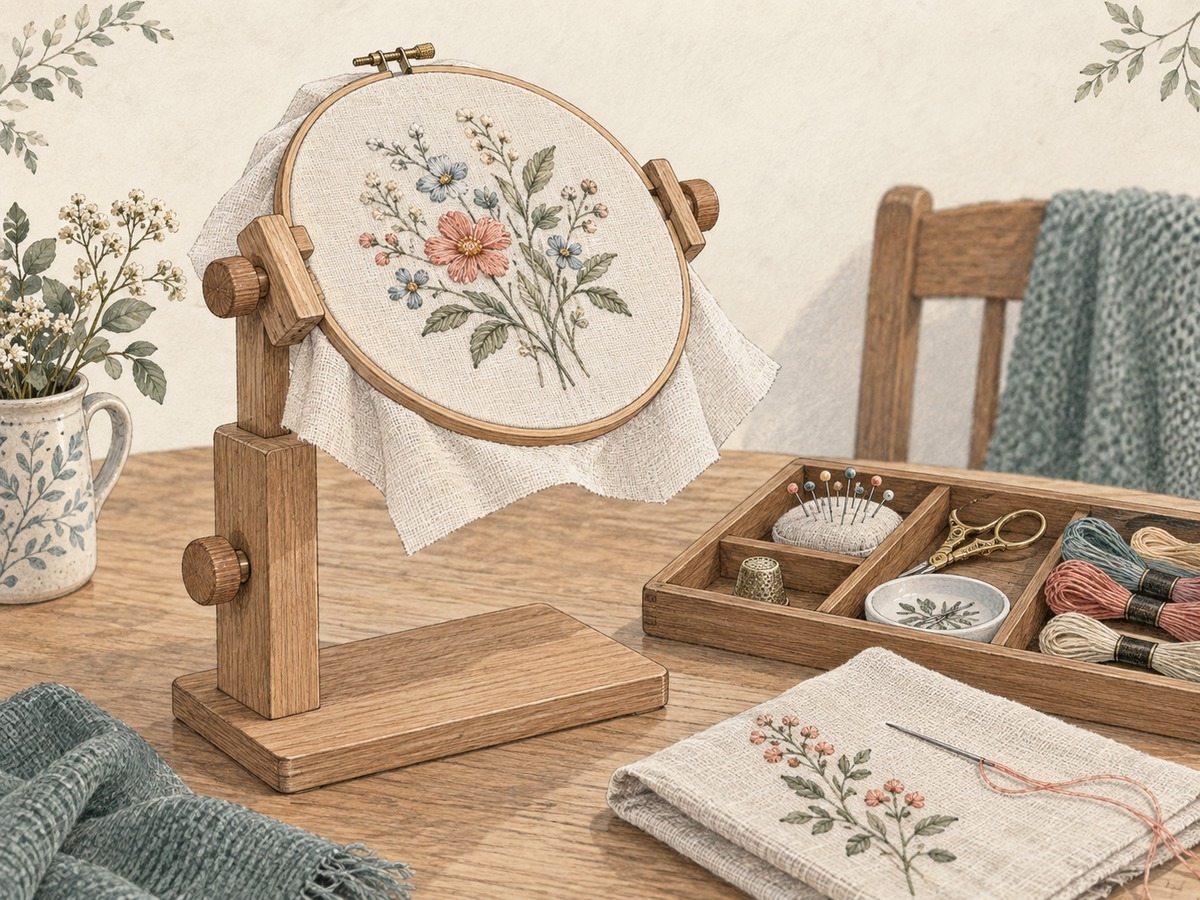 Illustration: A close view of hands-free fabric support on a hoop stand, a project resting on the table and a small organized tool tray under soft light.