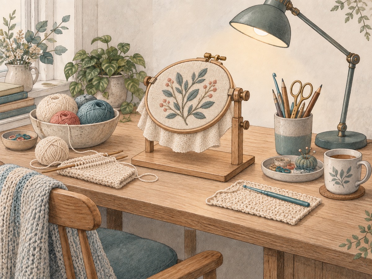 Illustration: A comfortable uncluttered tabletop work area with adjustable task light, a hoop on a stand, supported knitted work, a crochet hook and organized tools within reach.