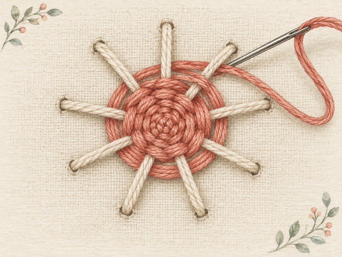 Illustration: Close view of thread weaving alternately over and under radial foundation spokes to build a raised circular flower.