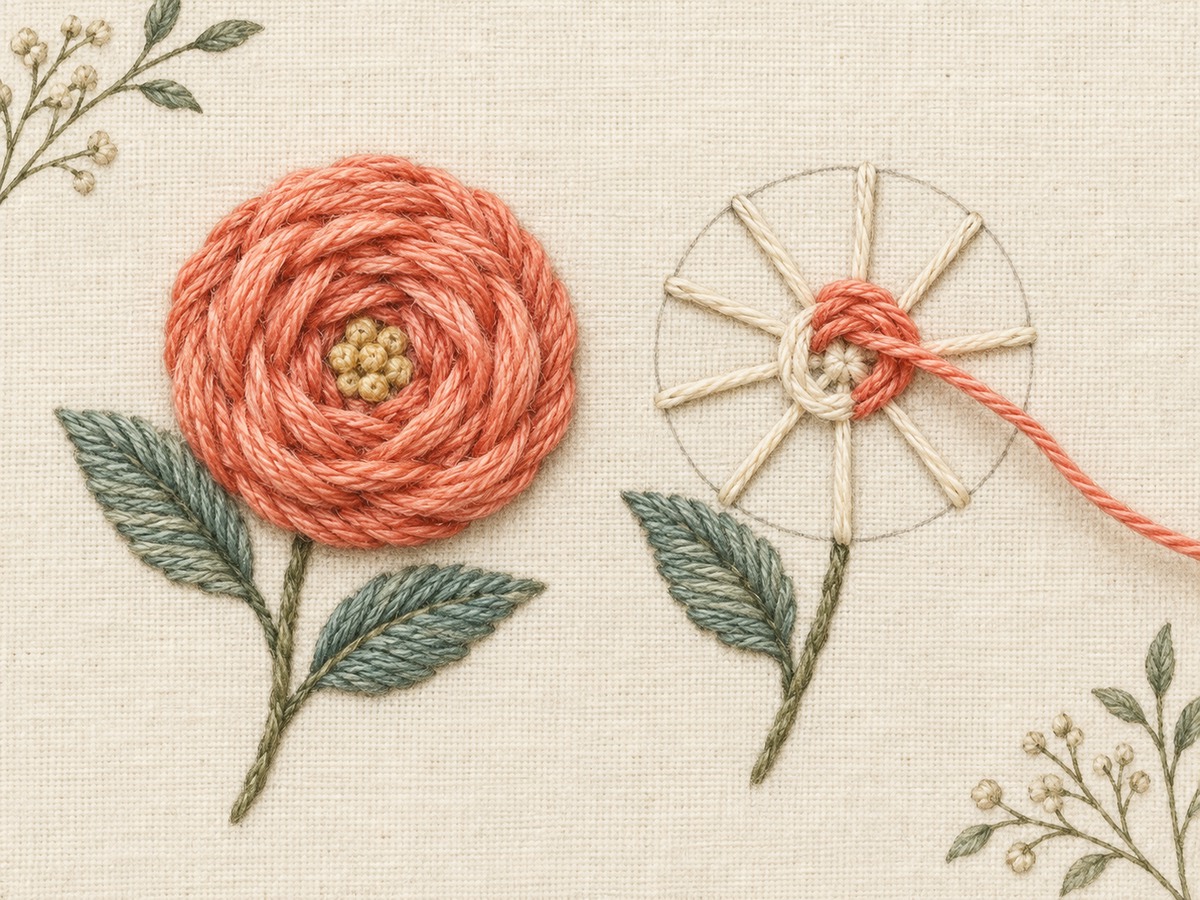 Illustration: A small woven-wheel embroidered flower with a softly spiraling coral surface, beside an unfinished wheel whose radial foundation stitches remain visible.