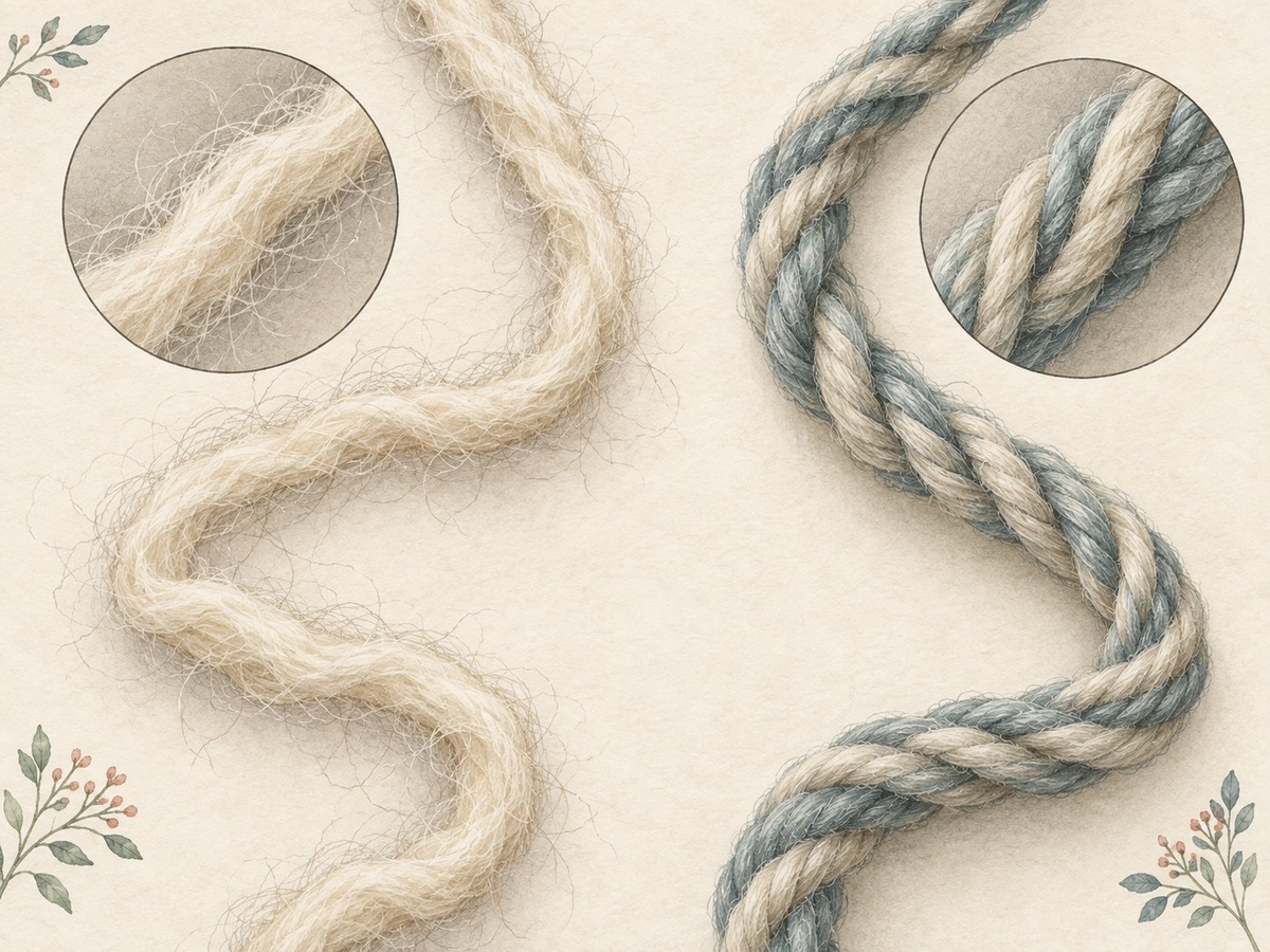 Illustration: Large close views of a loose single yarn and a firm multi-ply yarn, showing surface fibers and the difference between single twist and plied structure.