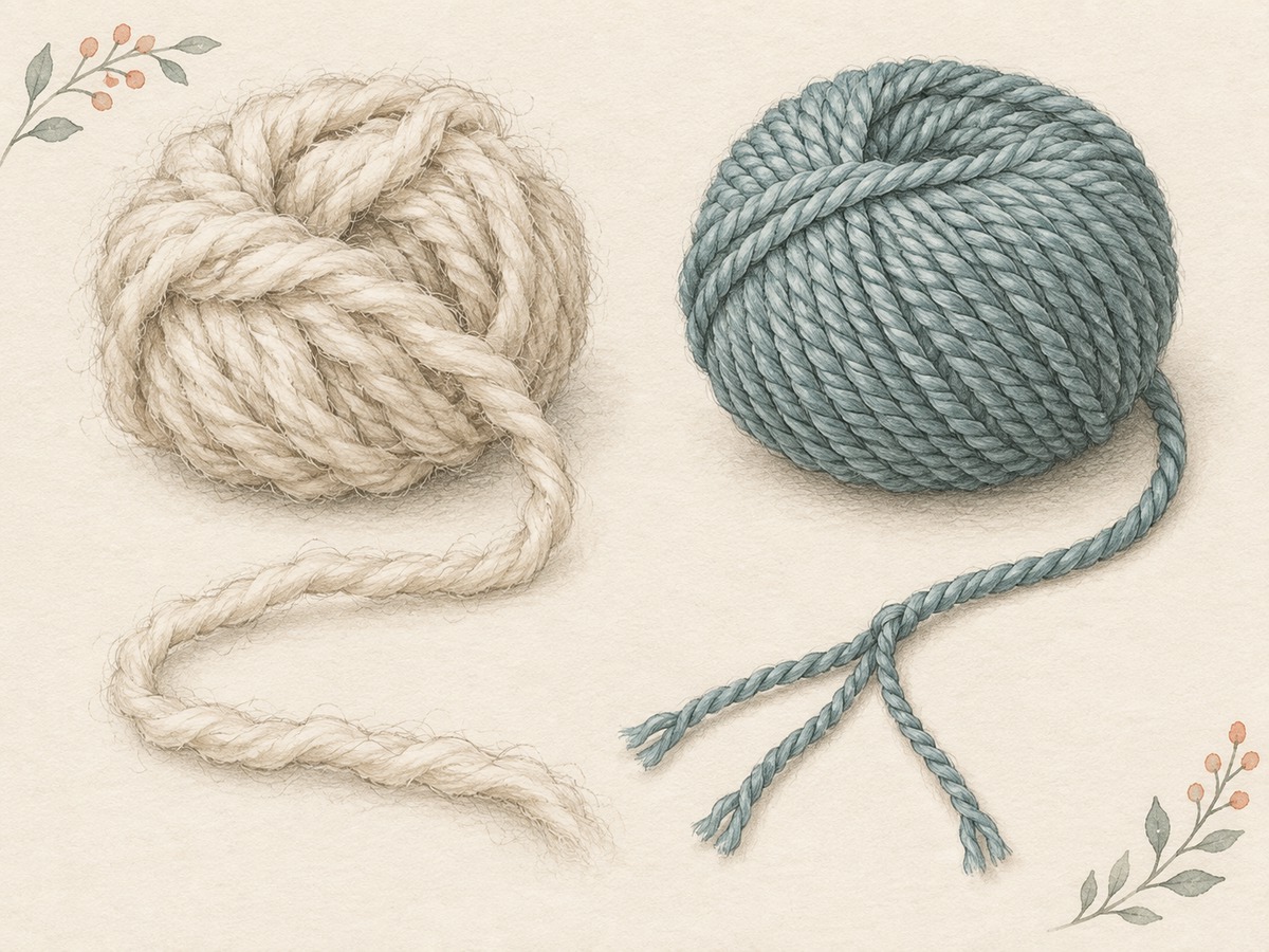 Illustration: A softly twisted single yarn beside a firmly plied yarn, with the end of the plied strand separated into its component strands.