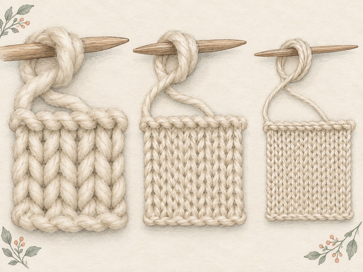 Illustration: Three thick, medium and fine cream yarns looped around matching needle shafts, with close views of their distinctly different fabric densities.