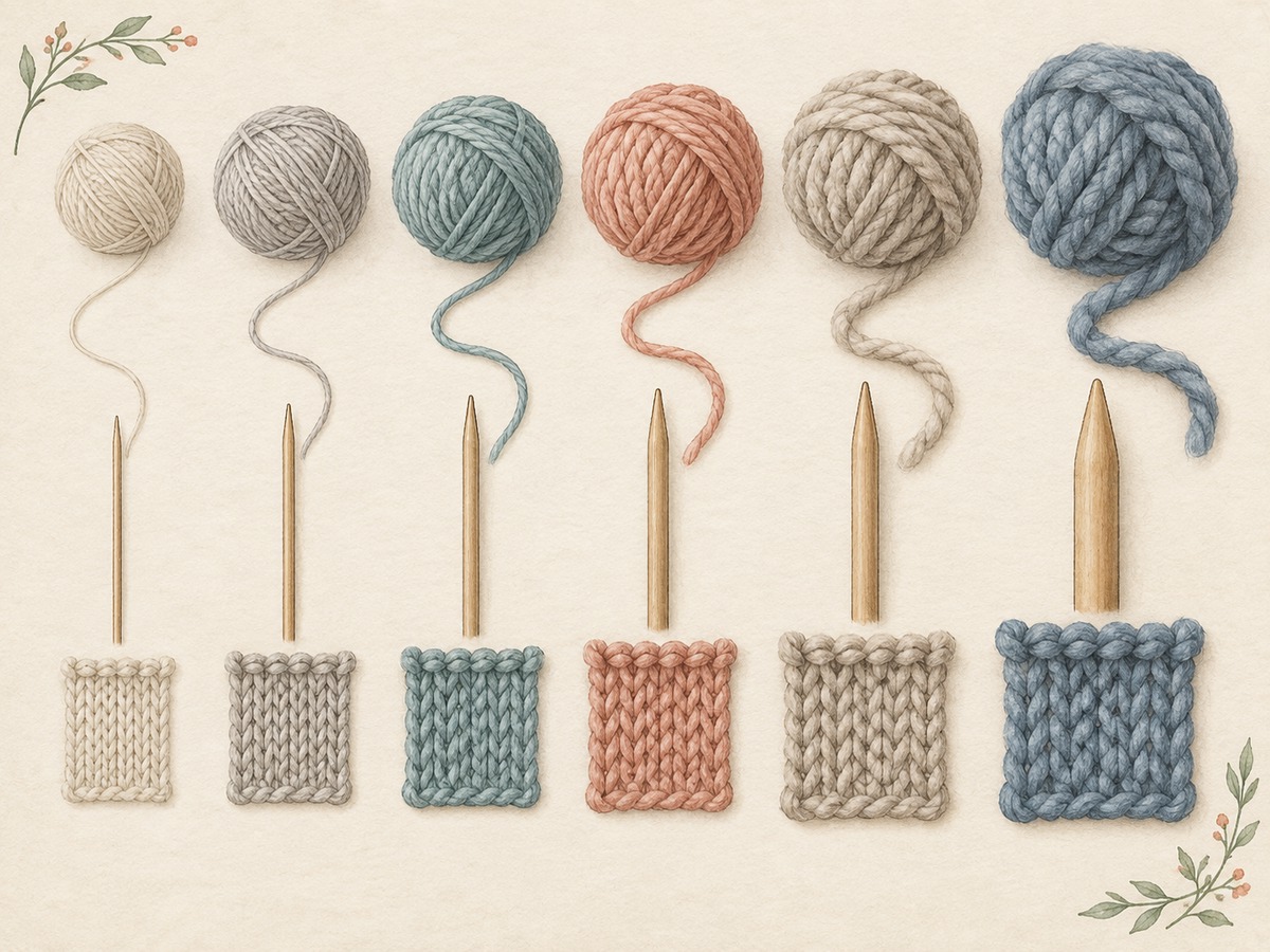 Illustration: A graded row of six yarn strands from fine to bulky, each beside a proportionate needle tip and small simple knitted sample.