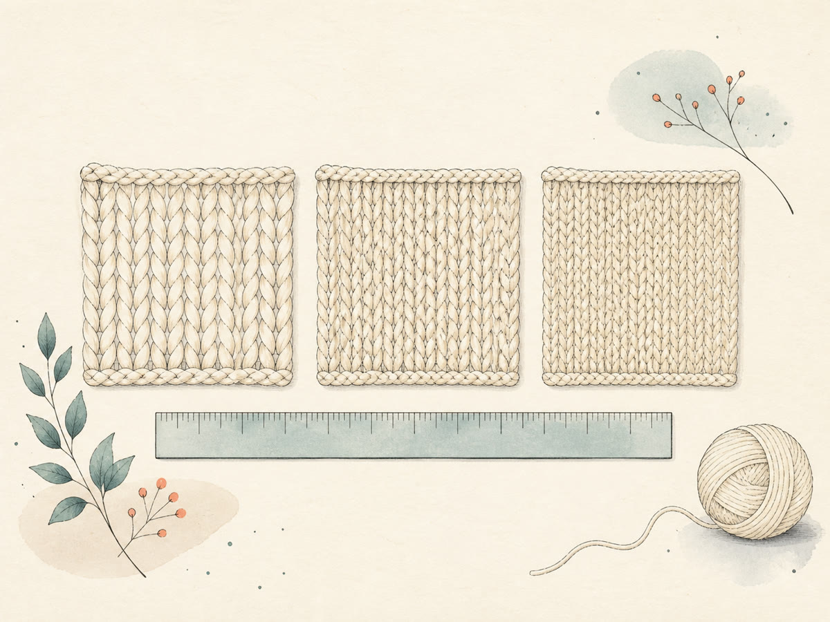 Fine-line drawing of three cream knitted swatches with open, balanced, and dense stitch spacing