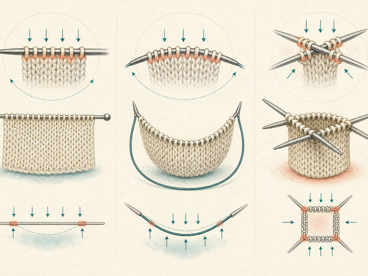 Instructional drawing showing where stitches and project weight rest on straight, circular, and double-pointed needles
