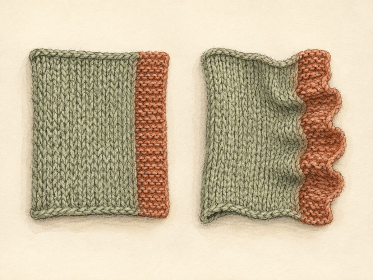 Qualitative comparison of a flat knitted band and a rippled band; not a counted stitch diagram.