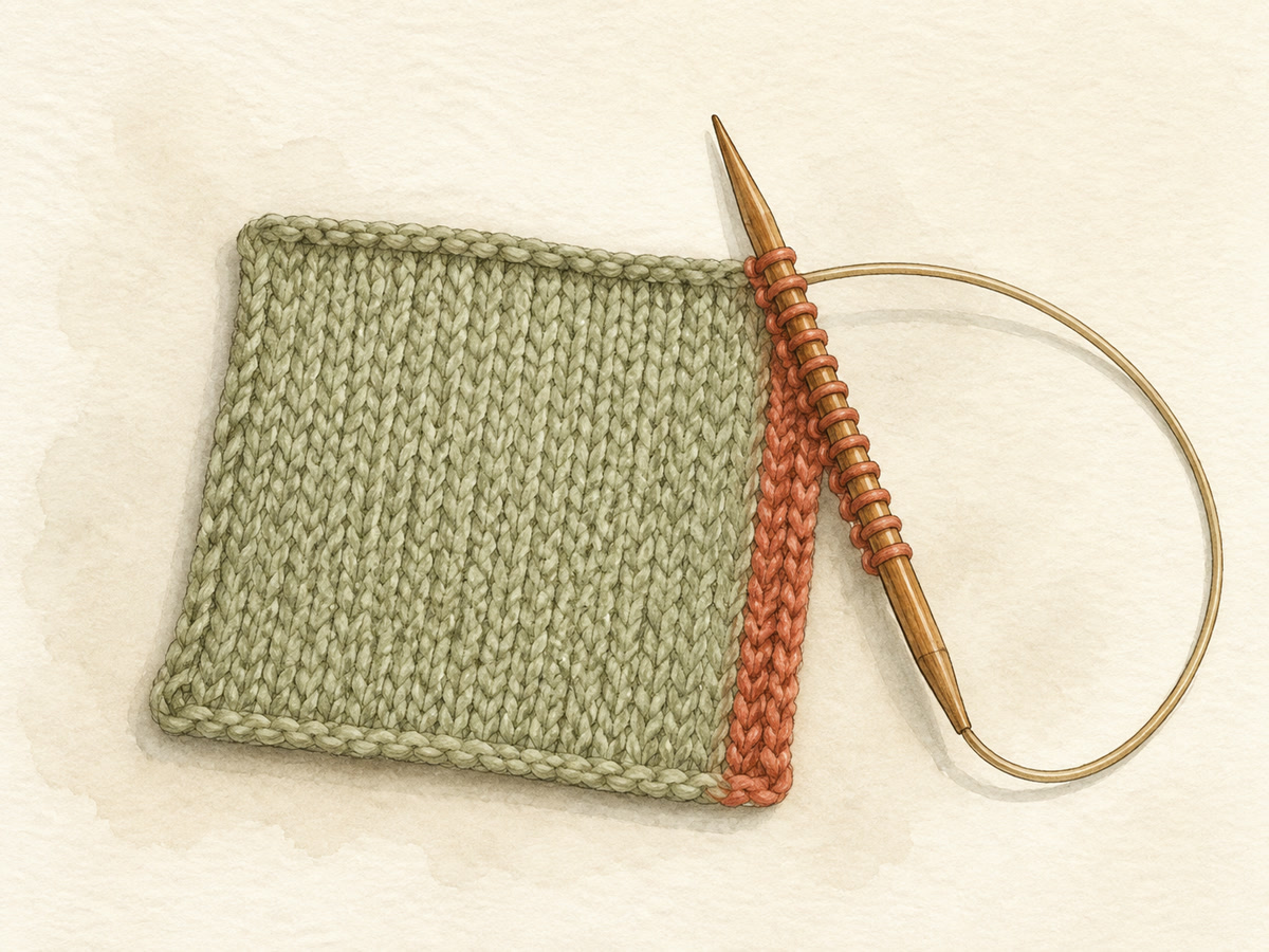Illustrated knitted practice swatch with a contrasting band being picked up along its edge.