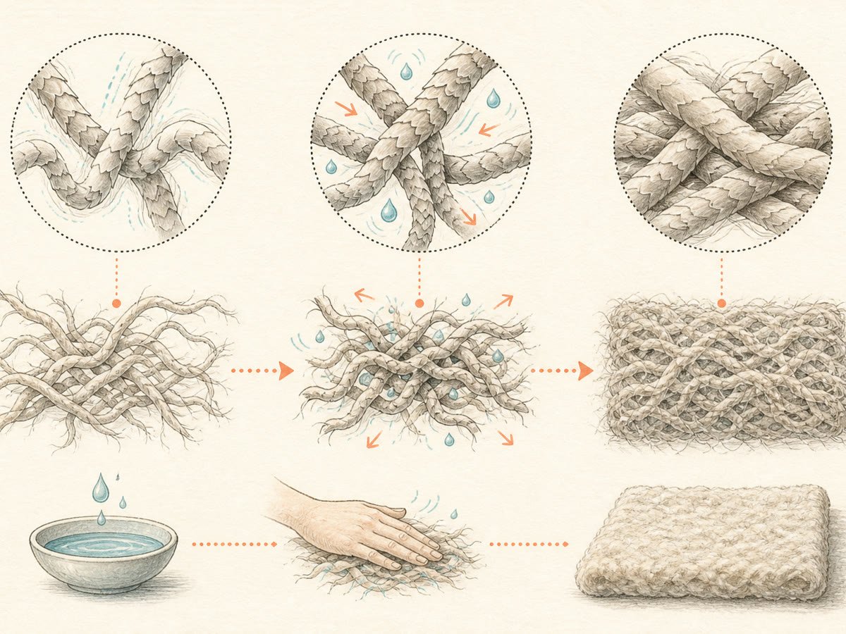 Instructional drawing showing moisture and movement interlocking wool fibre scales into dense felt