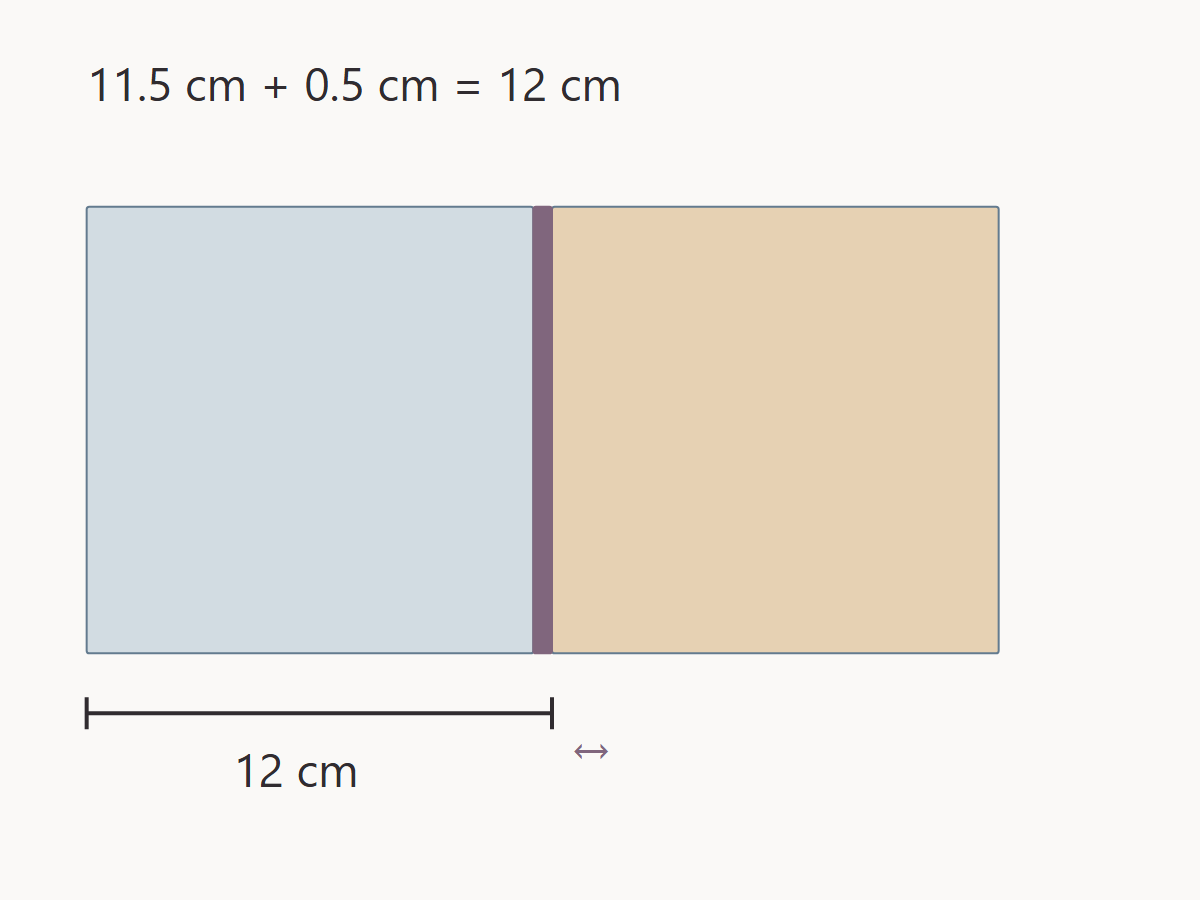 Corresponding positions across a joined repeat show a measured 12 cm pitch, including the sample join.