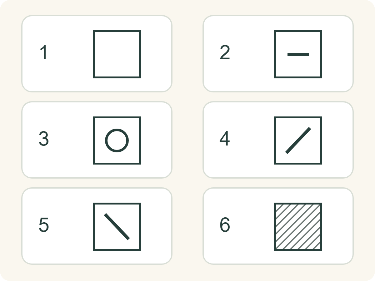 Six numbered knitting symbols, including the shaded no-stitch cell